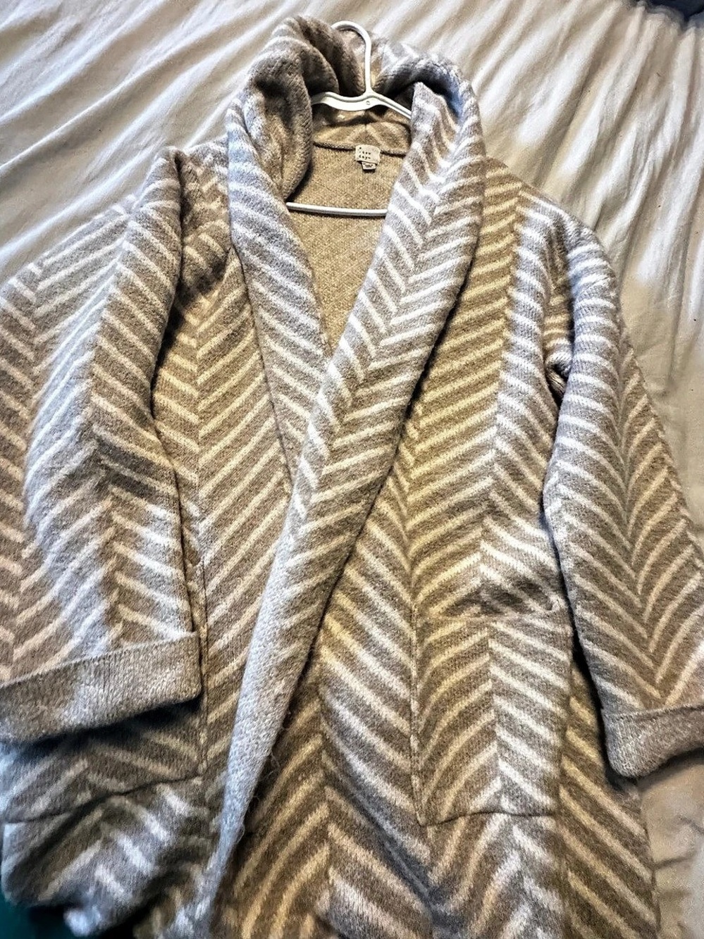 A New Day Taupe & Cream Chevron Coatigan Cardigan Sweater Medium